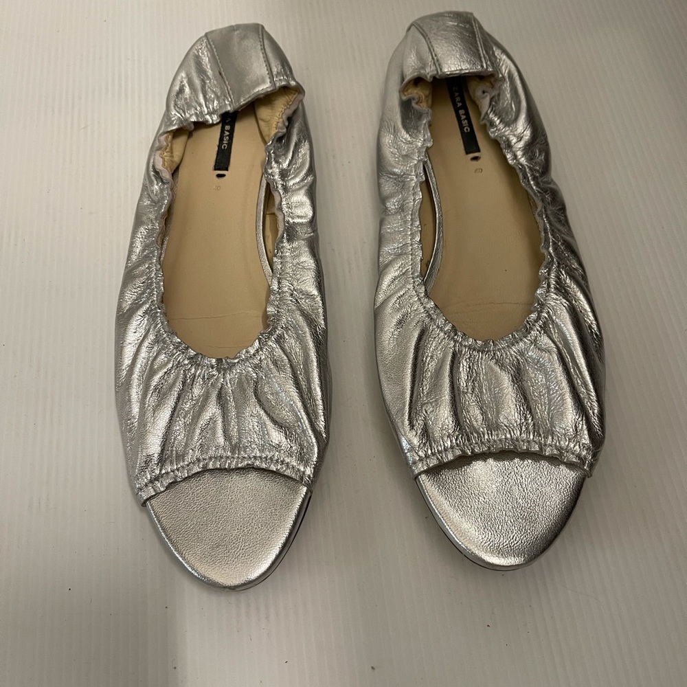 Zara Basic Silver Flats With Peep Toe - image 1